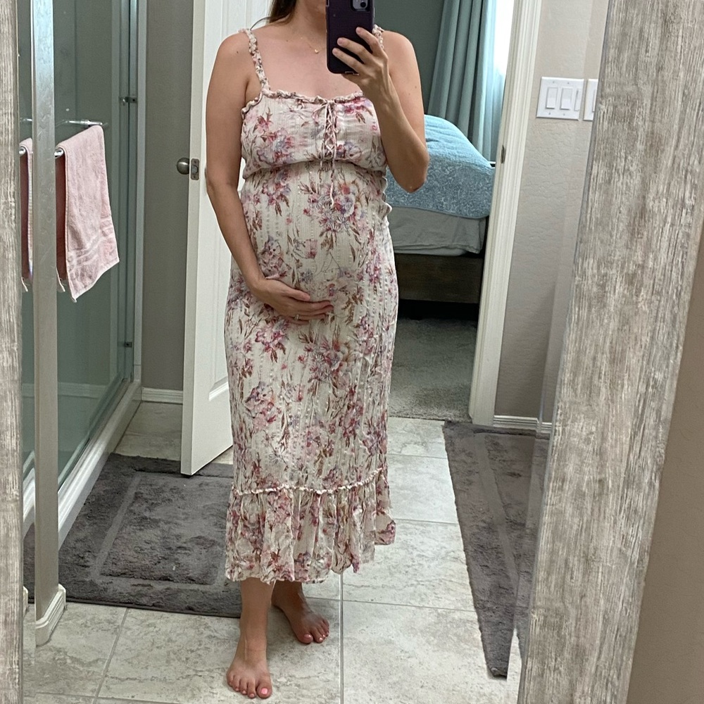 Cream Floral Shimmer Lace-Up Maternity Maxi Dress